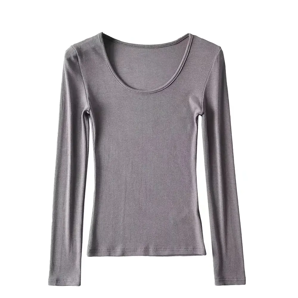 Women Grey Elastic Slim Long Sleeve T-Shirt — feature 24