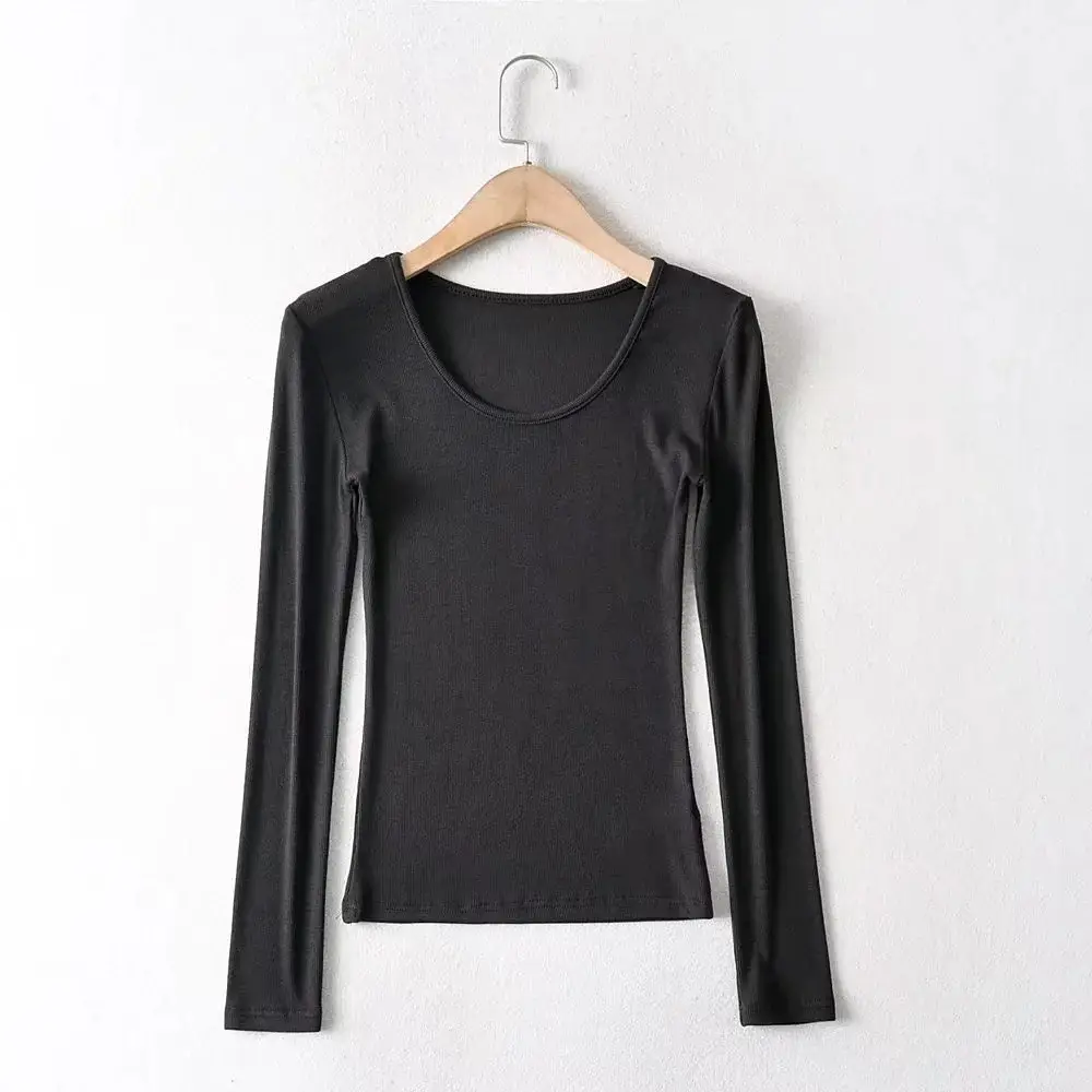 Women Grey Elastic Slim Long Sleeve T-Shirt — feature 27