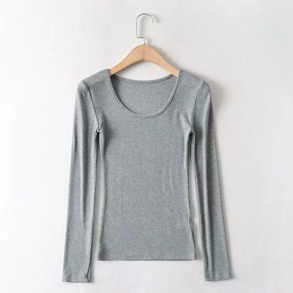 Women Grey Elastic Slim Long Sleeve T-Shirt — feature 30