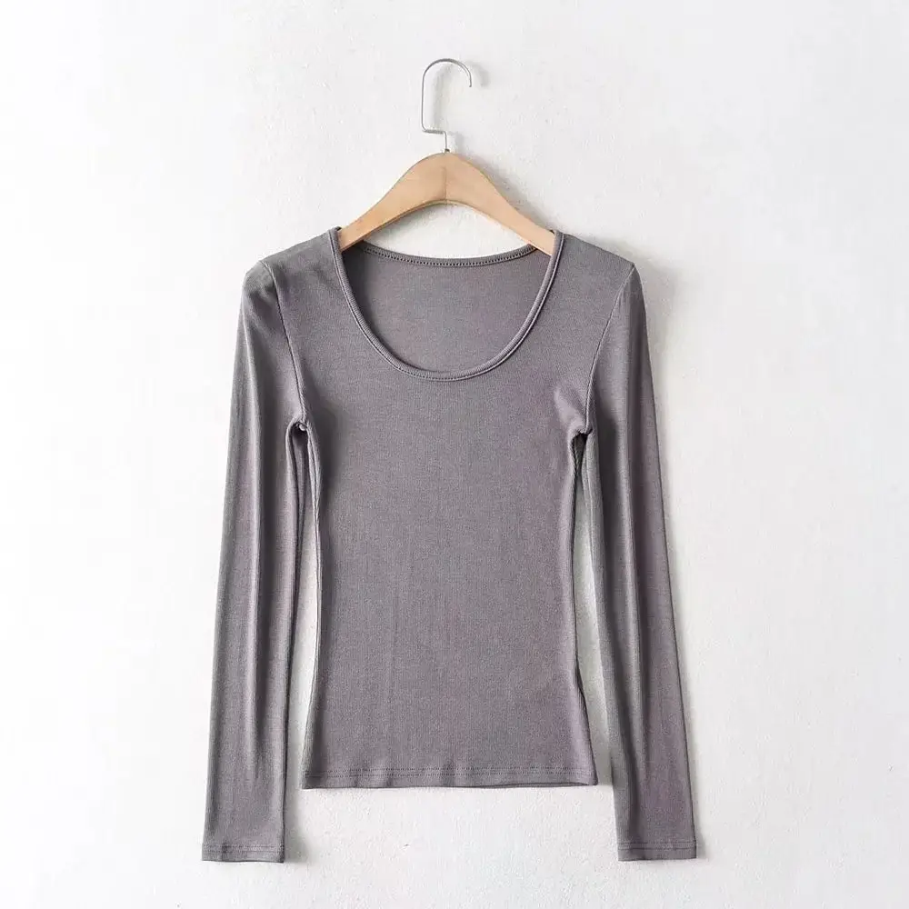 Women Grey Elastic Slim Long Sleeve T-Shirt — feature 31