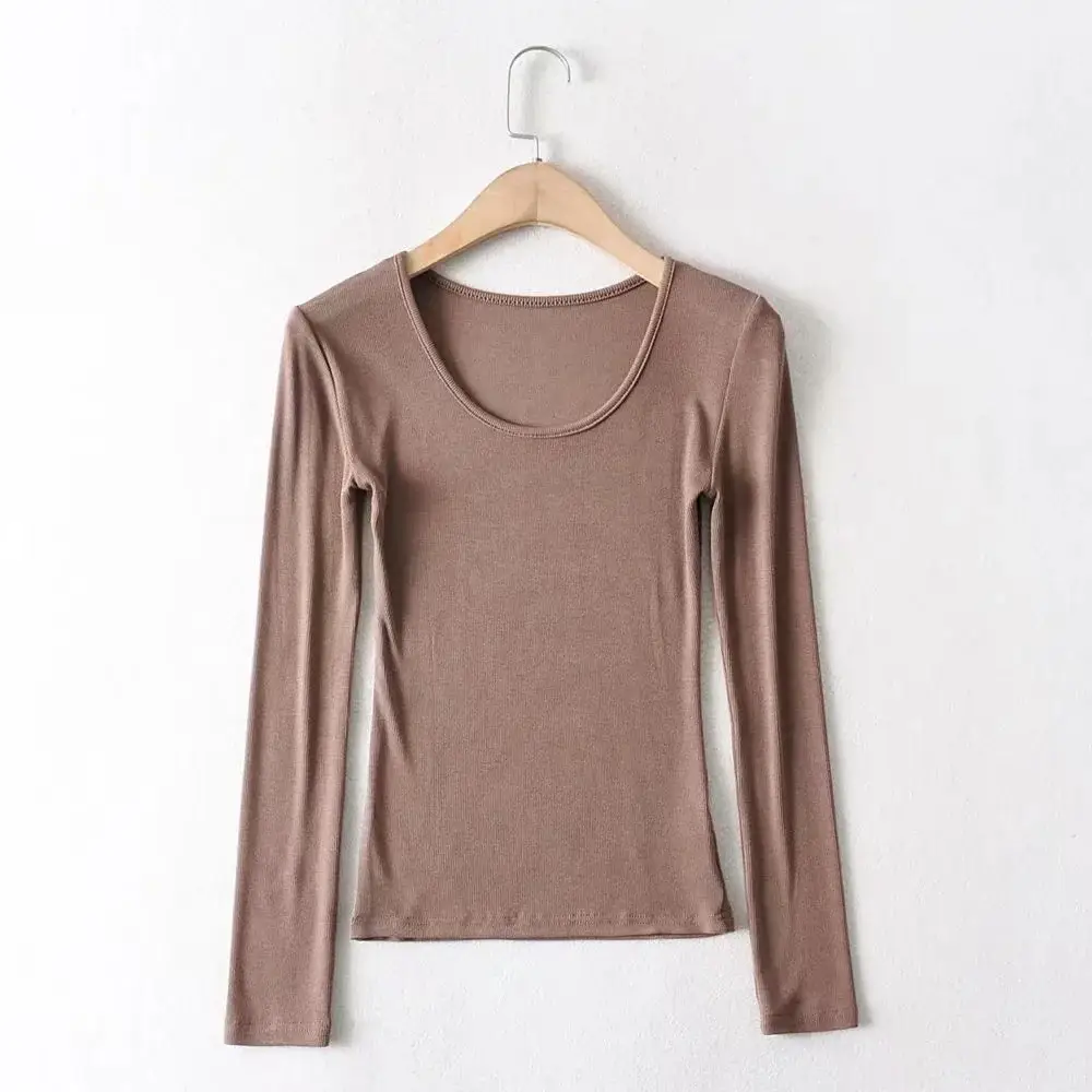 Women Grey Elastic Slim Long Sleeve T-Shirt — feature 34