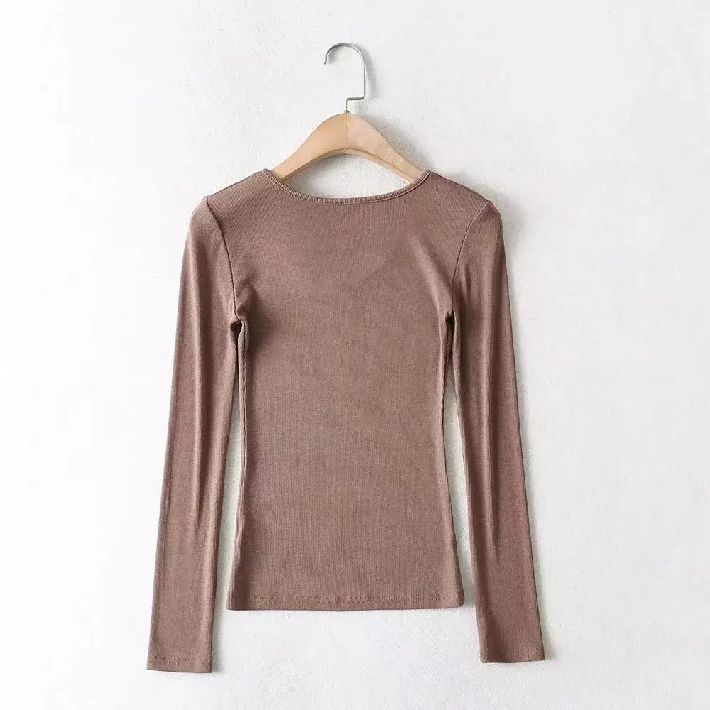 Women Grey Elastic Slim Long Sleeve T-Shirt — feature 35