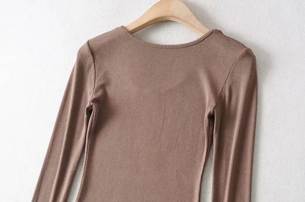 Women Grey Elastic Slim Long Sleeve T-Shirt — feature 38