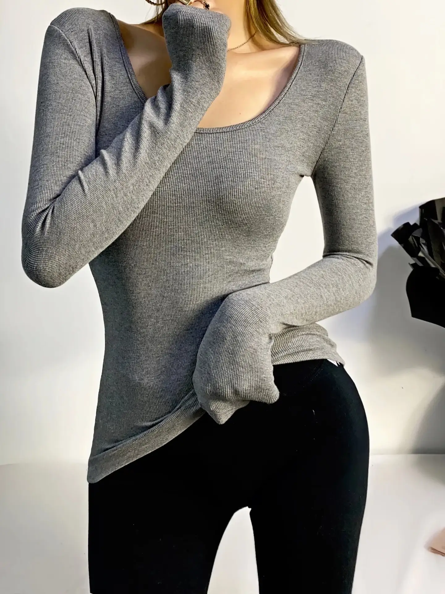 Women Grey Elastic Slim Long Sleeve T-Shirt — feature 5