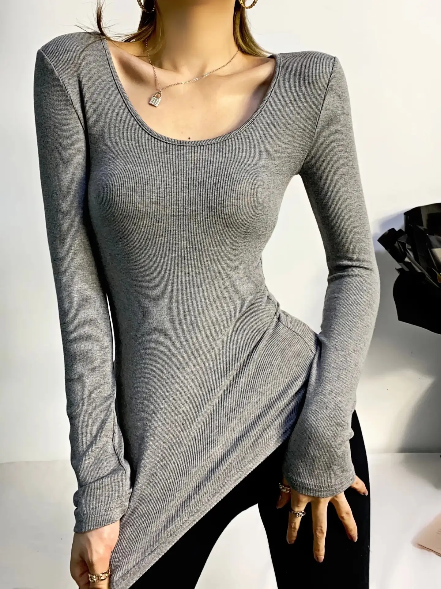 Women Grey Elastic Slim Long Sleeve T-Shirt — feature 6