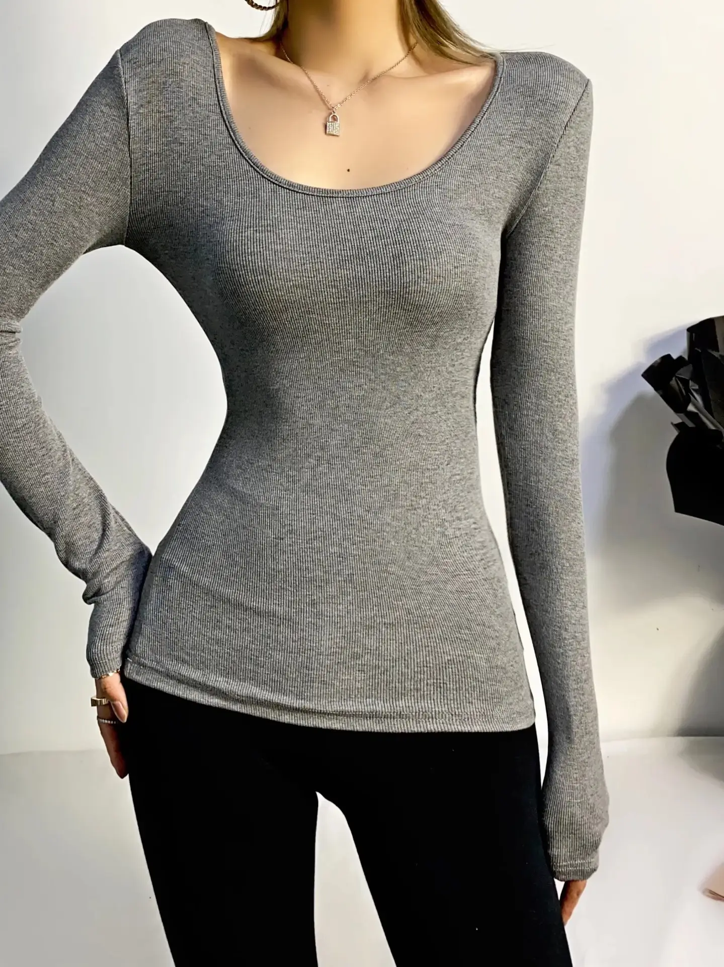 Women Grey Elastic Slim Long Sleeve T-Shirt — feature 8