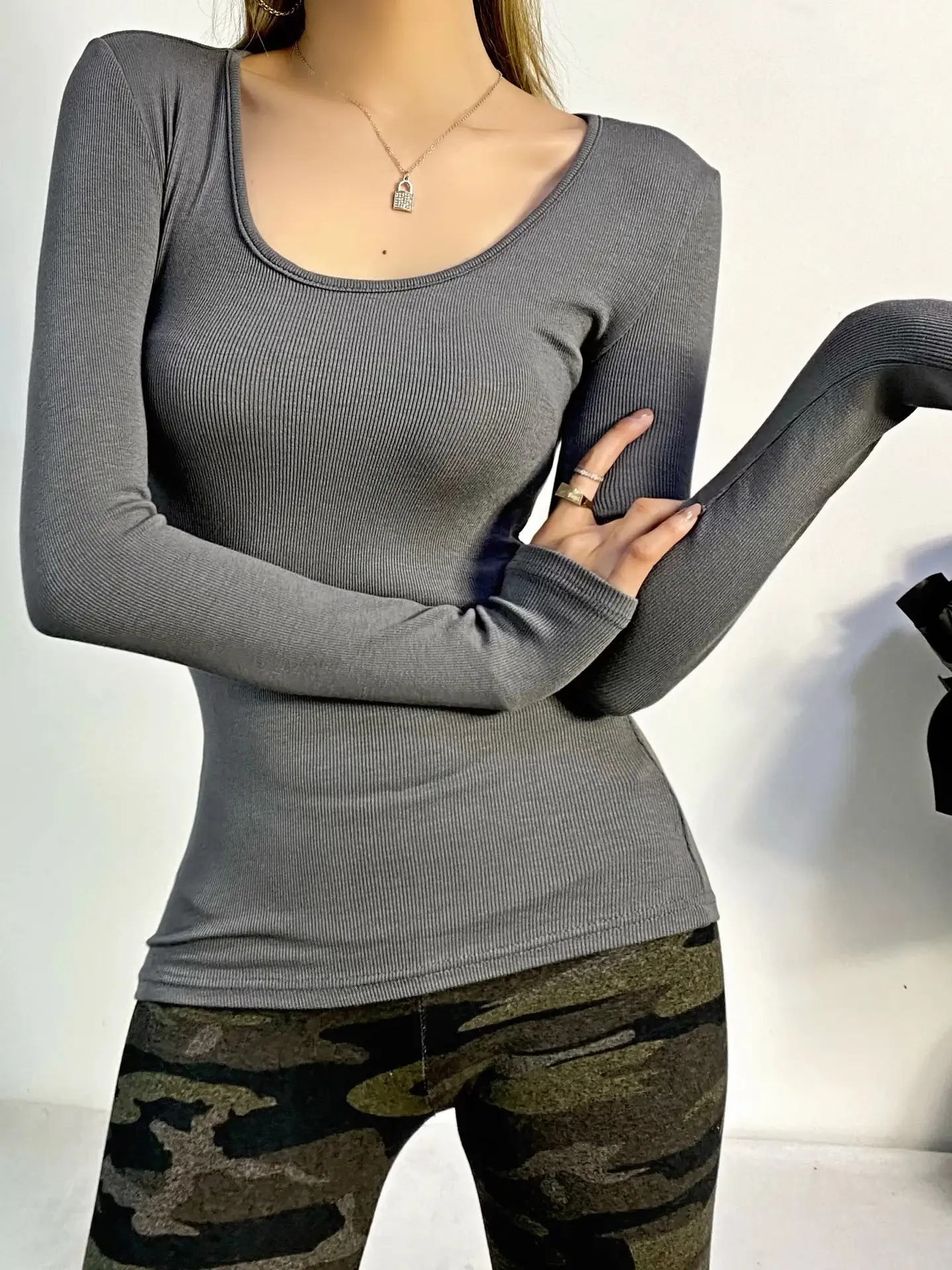 Women Grey Elastic Slim Long Sleeve T-Shirt — feature 9