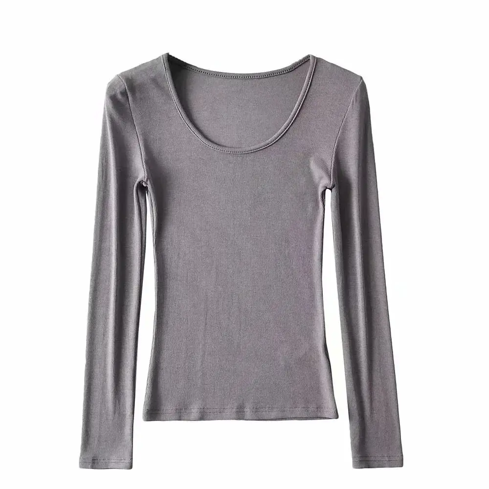 Women Grey Elastic Slim Long Sleeve T-Shirt - Image 10