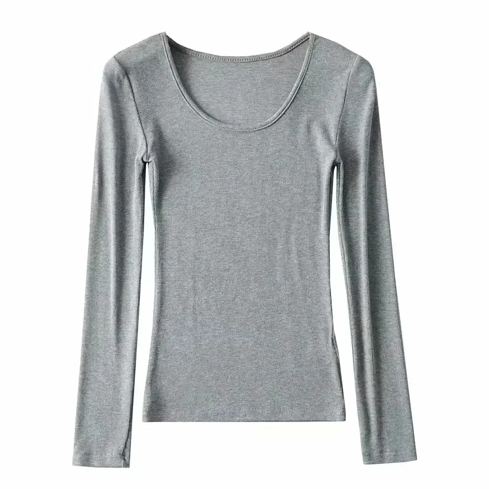 Women Grey Elastic Slim Long Sleeve T-Shirt - Image 12