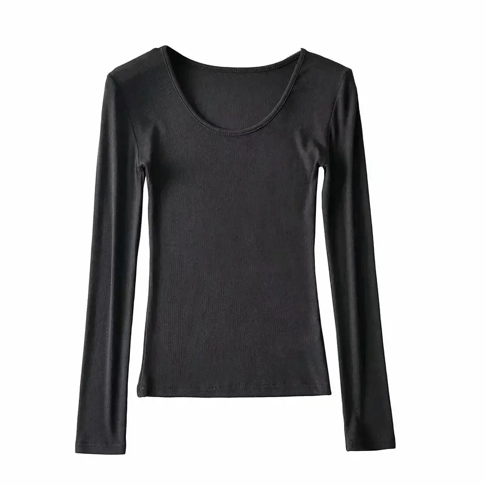 Women Grey Elastic Slim Long Sleeve T-Shirt - Image 2