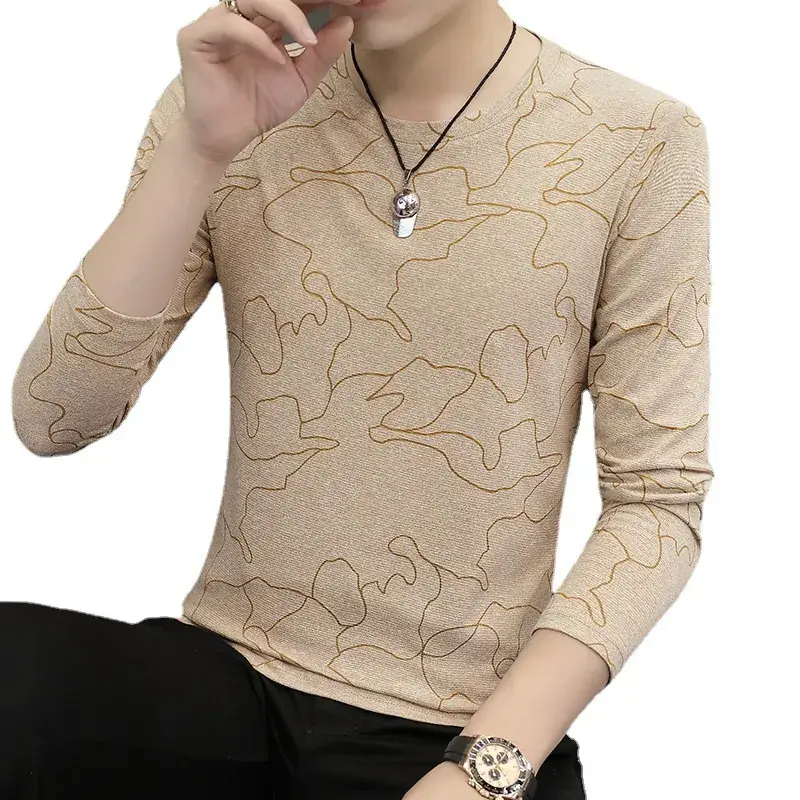 Men's Beige V-Neck Long Sleeve T-Shirt Slim Fit - Image 8