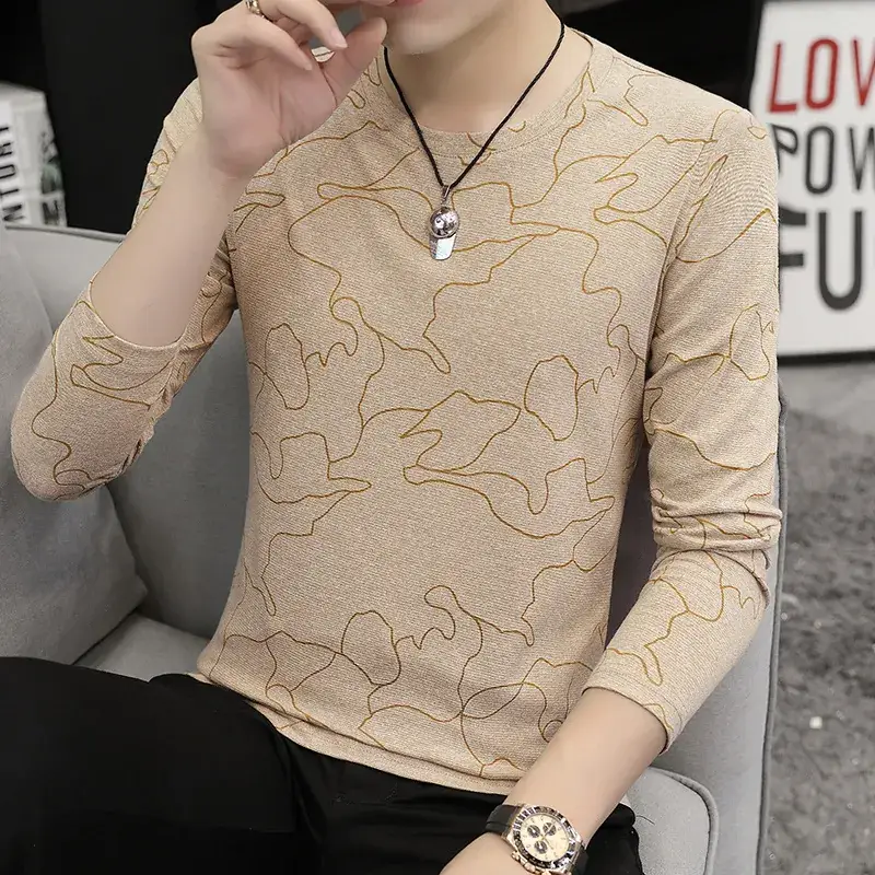 Men's Beige V-Neck Long Sleeve T-Shirt Slim Fit - Image 3