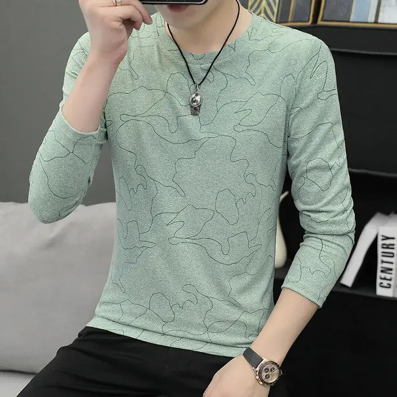 Men's Beige V-Neck Long Sleeve T-Shirt Slim Fit - Image 4