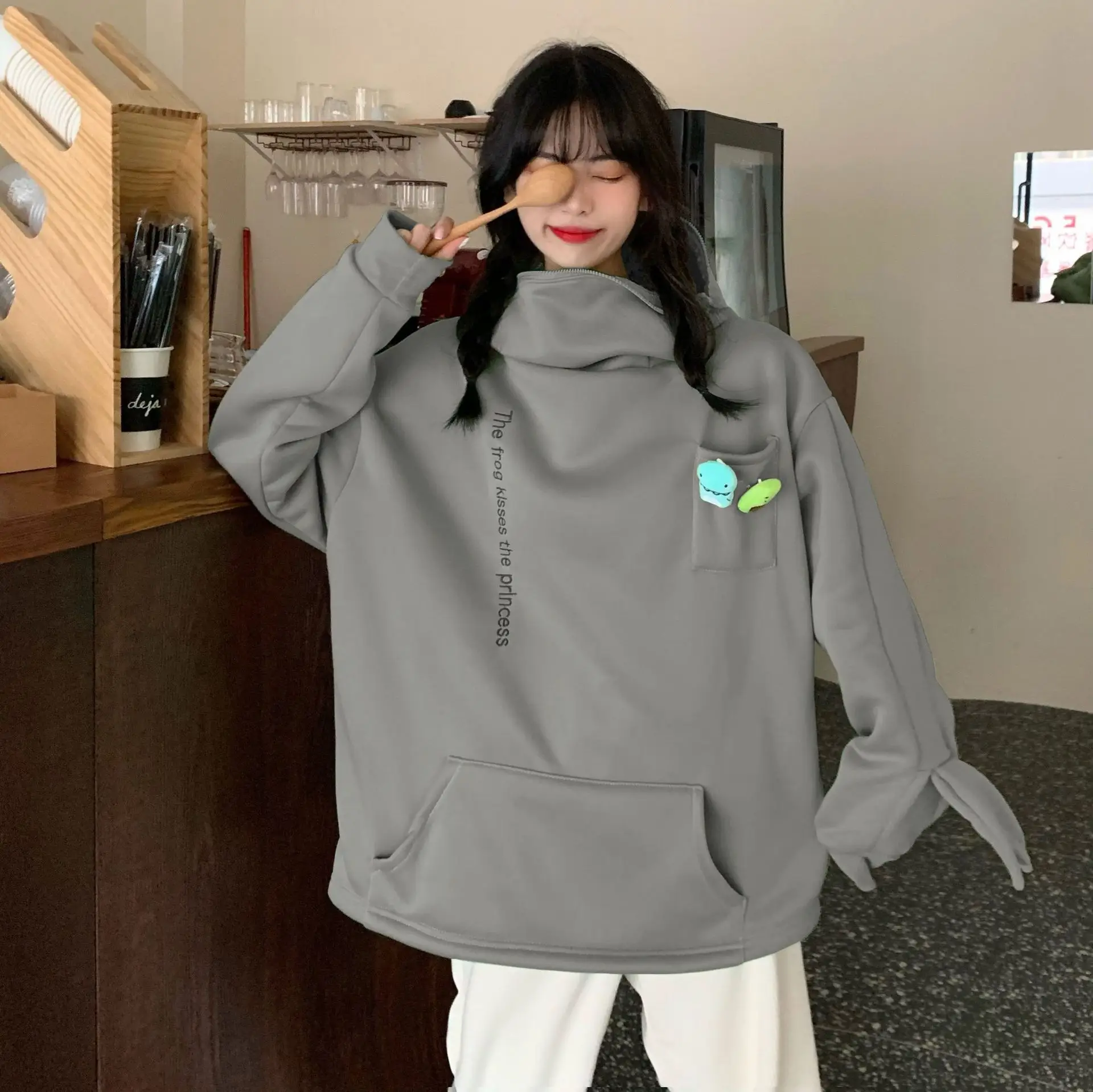 Women Korean Style Fleece Lined Hoodie Black - Image 5