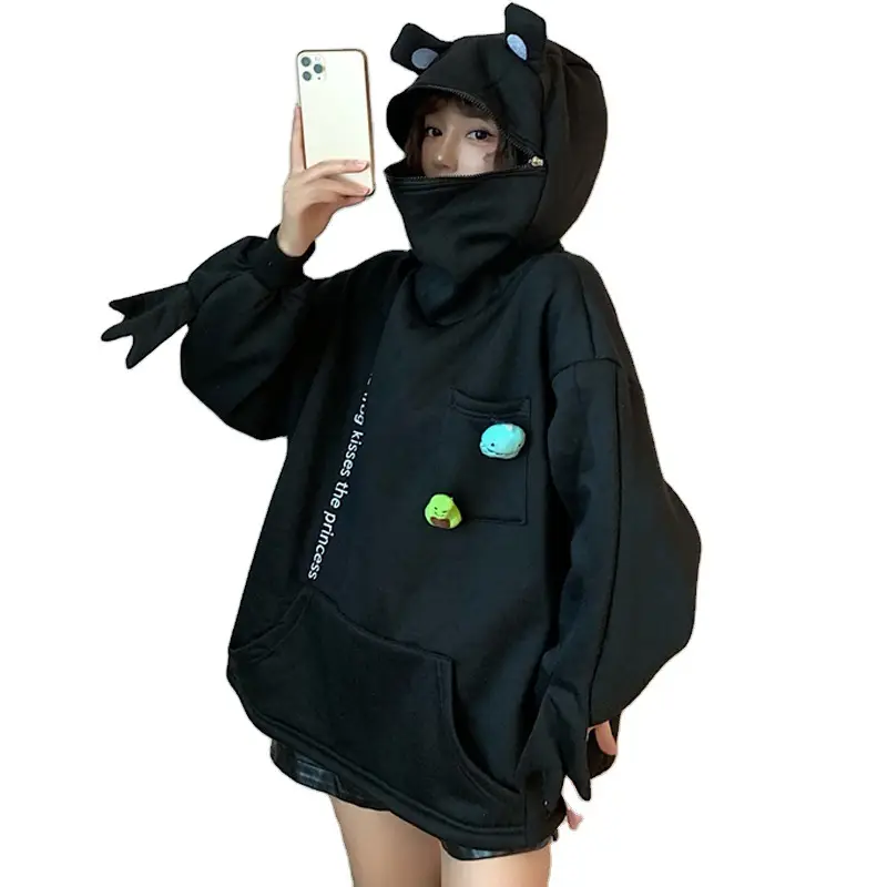 Women Korean Style Fleece Lined Hoodie Black - Image 8