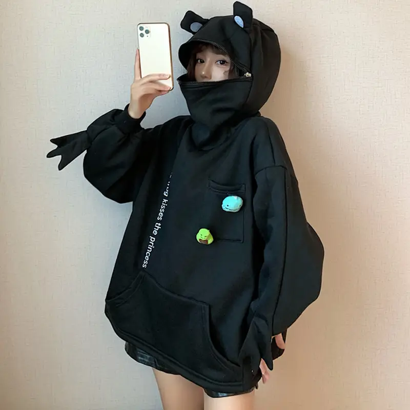 Women Korean Style Fleece Lined Hoodie Black — feature 19