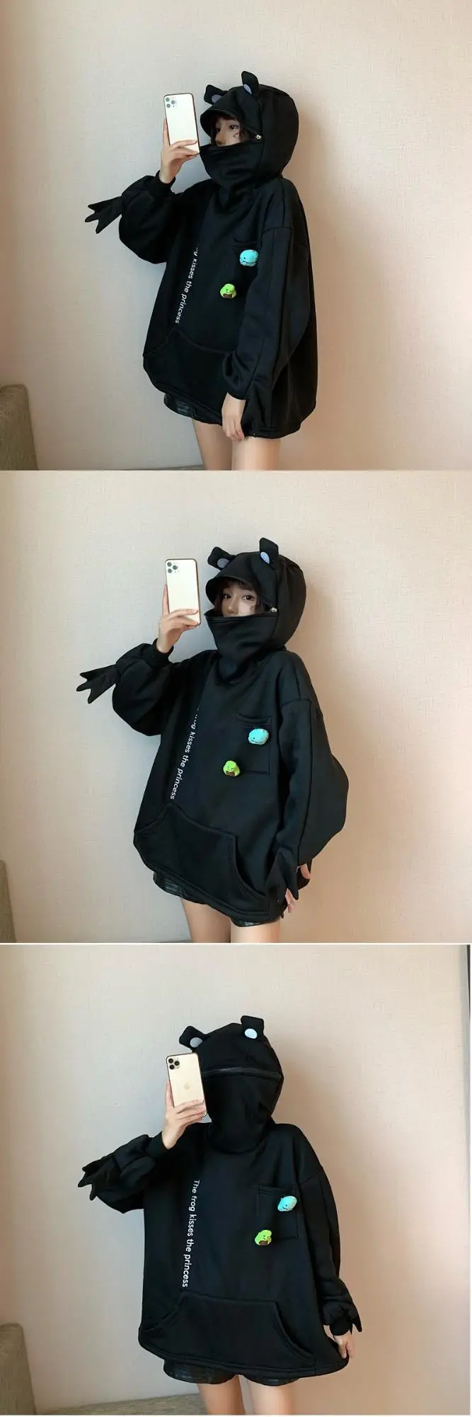 Women Korean Style Fleece Lined Hoodie Black — feature 21