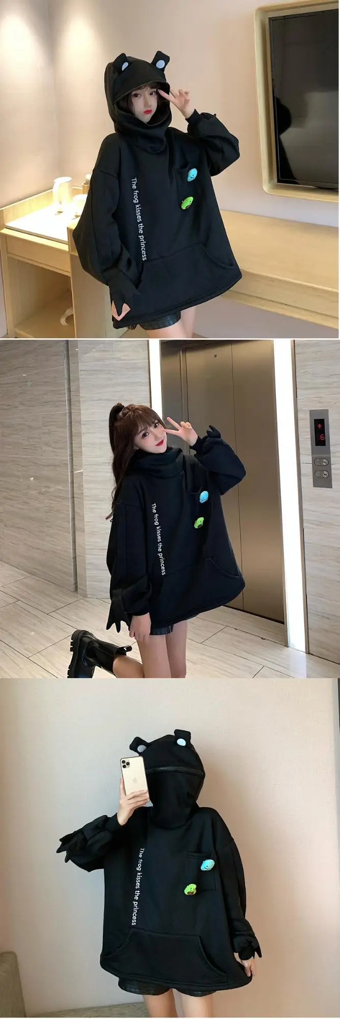 Women Korean Style Fleece Lined Hoodie Black — feature 22