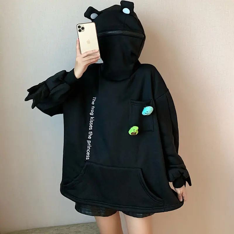 Women Korean Style Fleece Lined Hoodie Black - Image 2