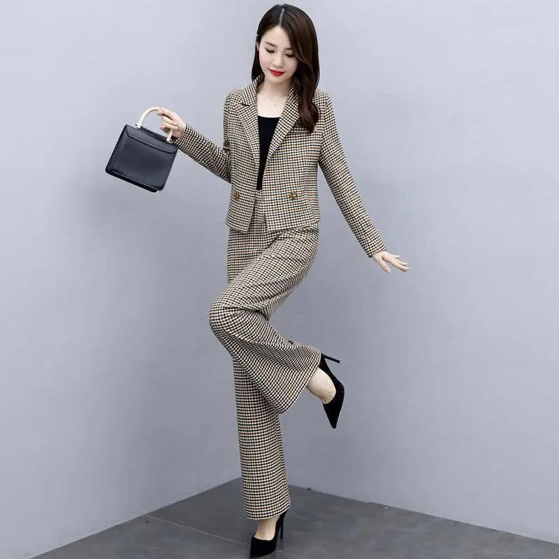 Women Houndstooth Trousers Set 2023 Elegant Wide Leg Pants - Image 4