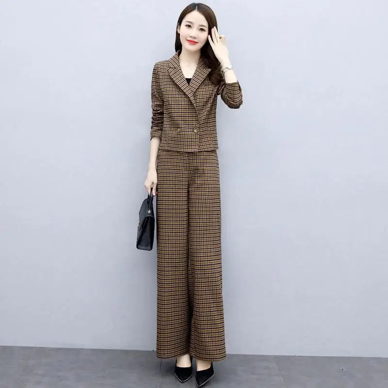 Women Houndstooth Trousers Set 2023 Elegant Wide Leg Pants - Image 6