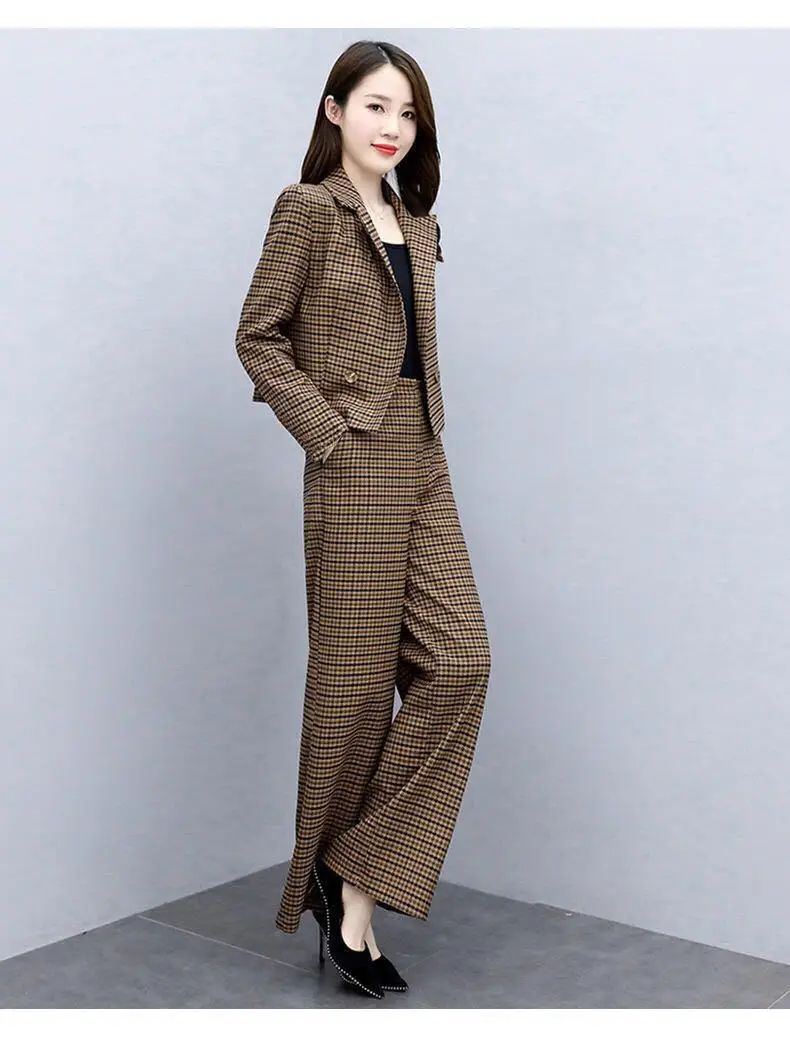 Women Houndstooth Trousers Set 2023 Elegant Wide Leg Pants — feature 10