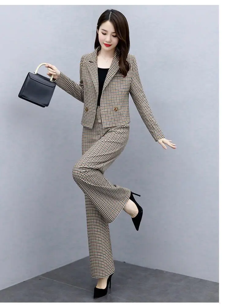 Women Houndstooth Trousers Set 2023 Elegant Wide Leg Pants — feature 11