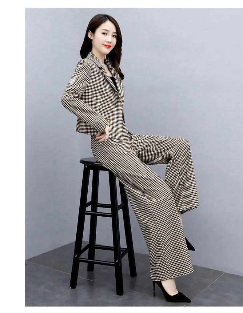Women Houndstooth Trousers Set 2023 Elegant Wide Leg Pants — feature 13