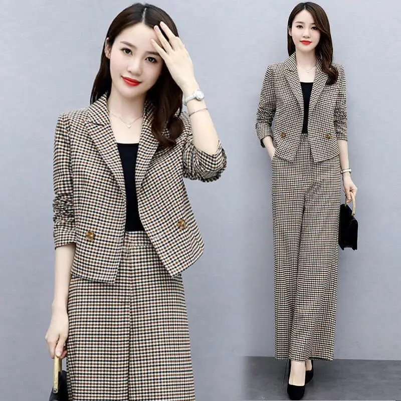 Women Houndstooth Trousers Set 2023 Elegant Wide Leg Pants — feature 15