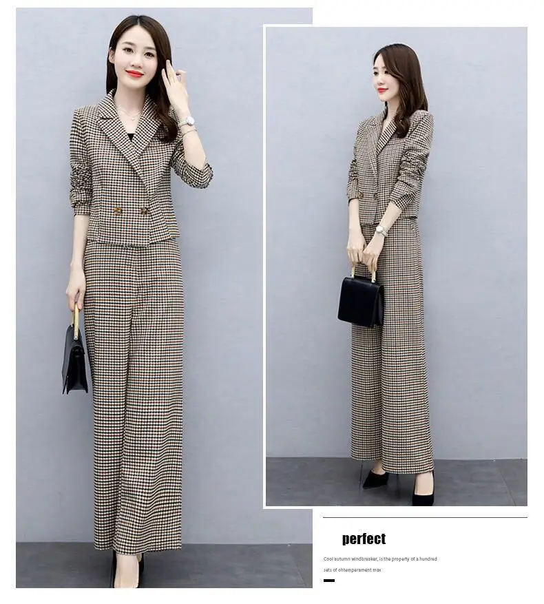 Women Houndstooth Trousers Set 2023 Elegant Wide Leg Pants — feature 19