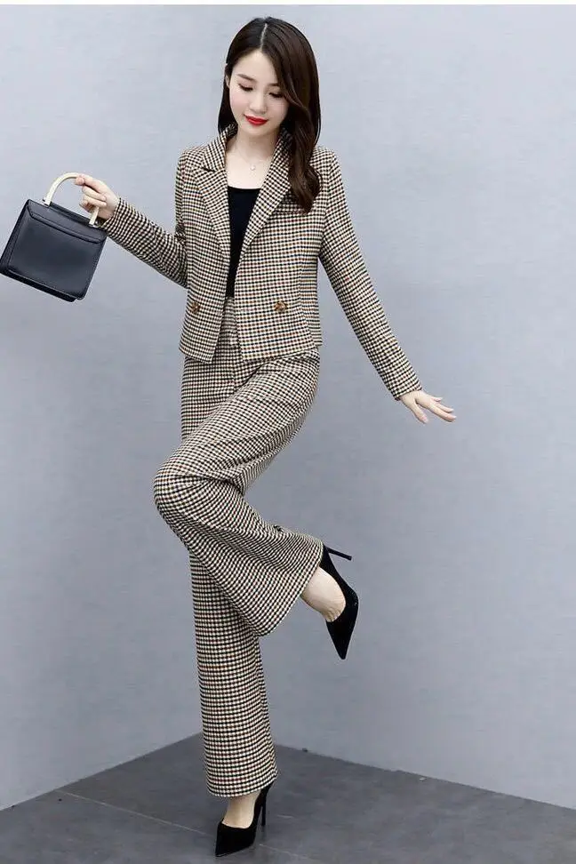 Women Houndstooth Trousers Set 2023 Elegant Wide Leg Pants — feature 21
