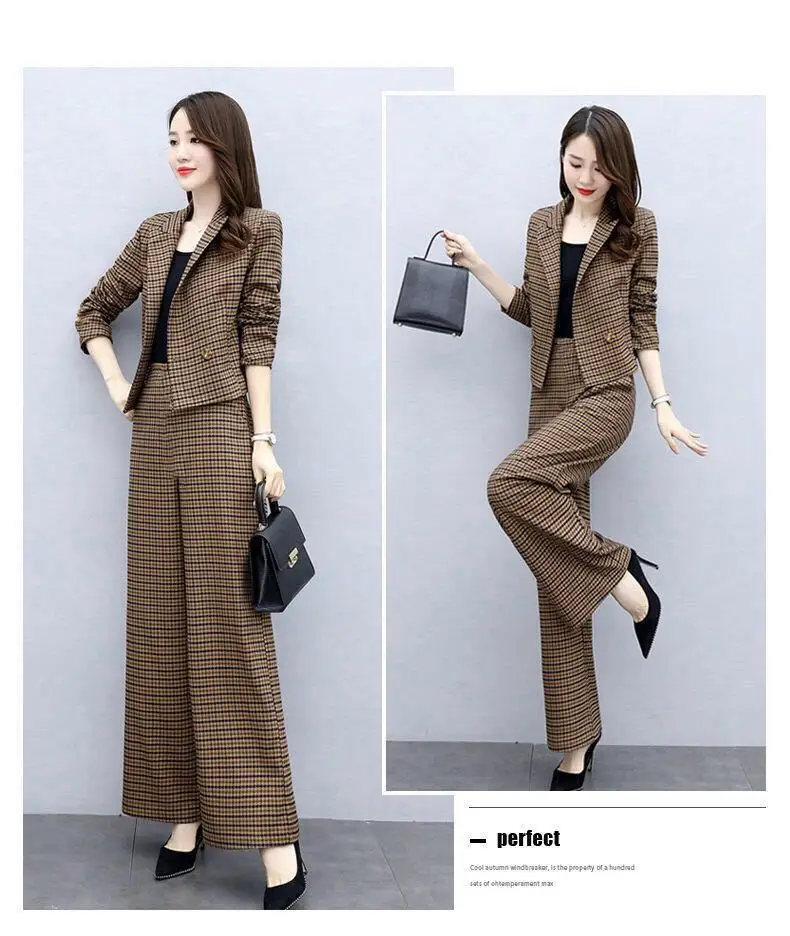 Women Houndstooth Trousers Set 2023 Elegant Wide Leg Pants — feature 6