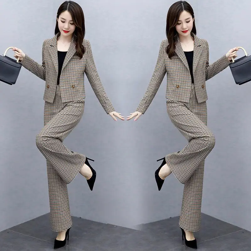 Women Houndstooth Trousers Set 2023 Elegant Wide Leg Pants — feature 8