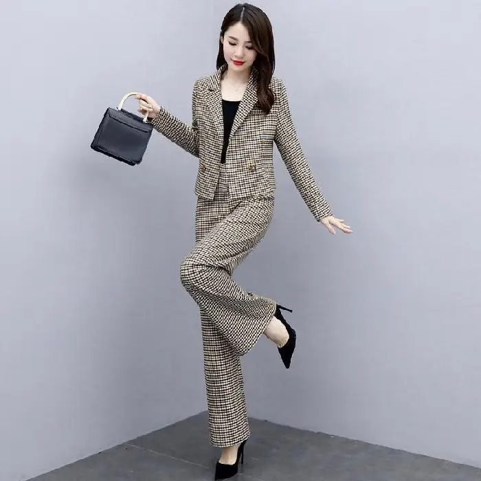 Women Houndstooth Trousers Set 2023 Elegant Wide Leg Pants - Image 2