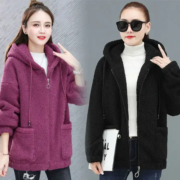 Women Fleece Hooded Coat Brown Thickened Autumn Winter - Image 6