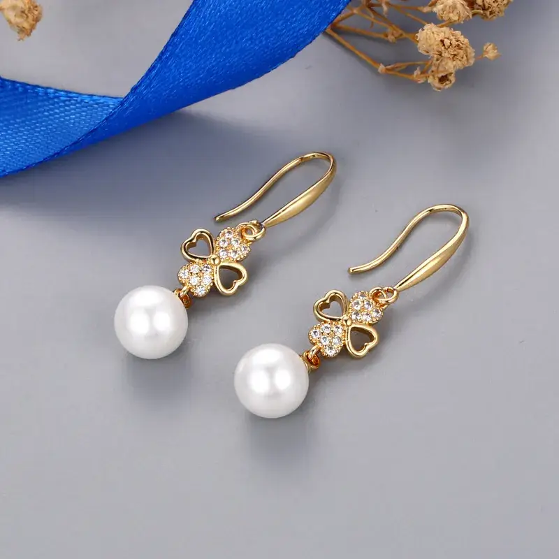 Korean Gold Zircon Pearl Earrings for Women