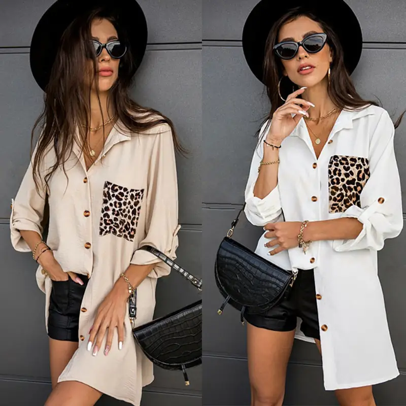 Women Leopard Print Crossbody Shirt White Loose Sleeve - Image 2