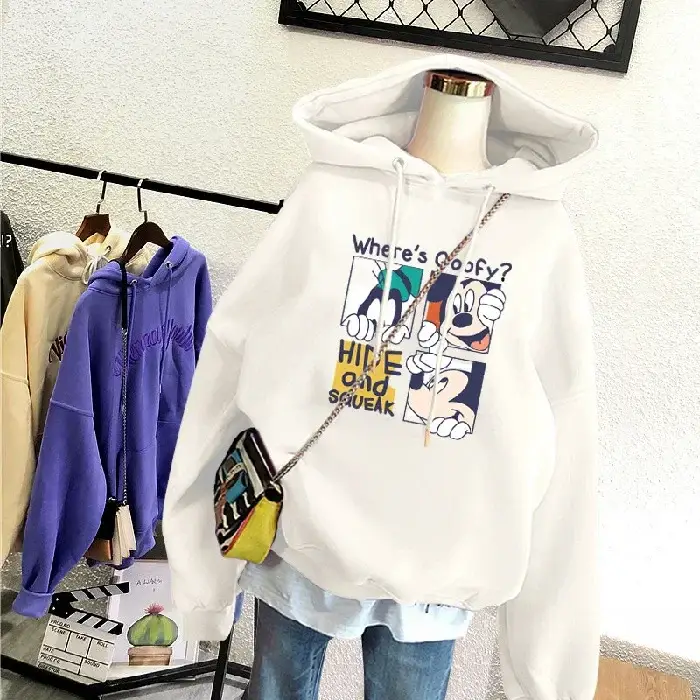 Blue Fleece Hooded Sweatshirt Large Size Cartoon Print - Image 4