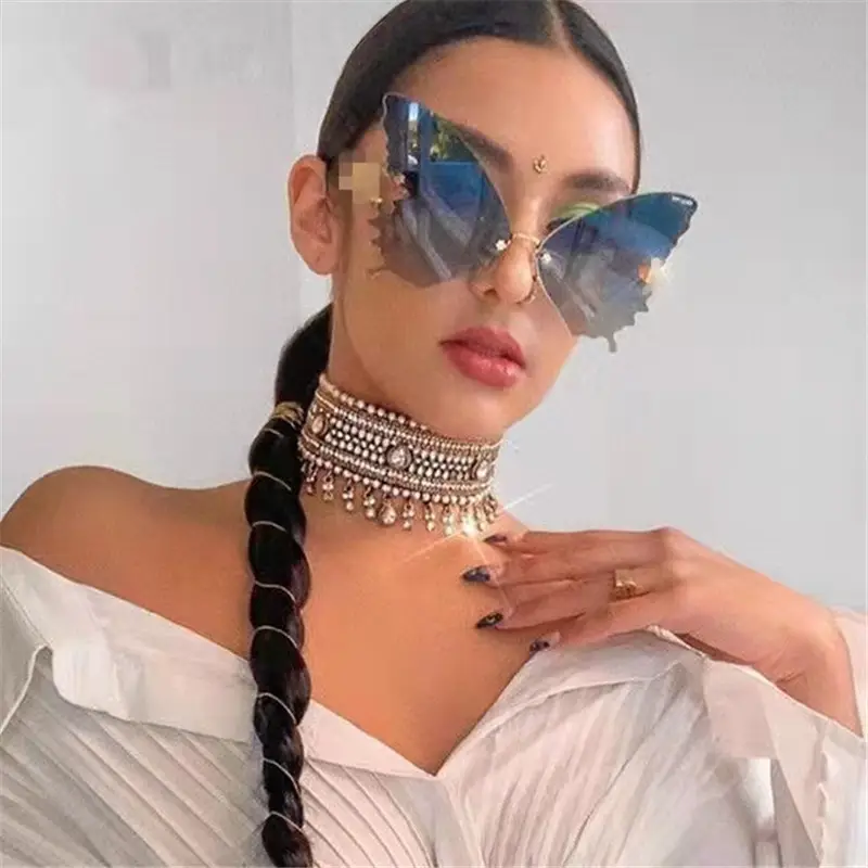 Women's Butterfly Sunglasses Pink Marine Film Export Frameless Photo Sunglasses - Image 13