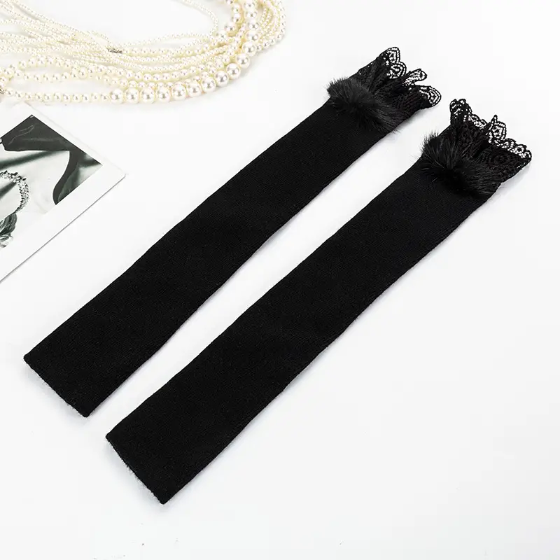 Black Knitted Winter Arm Covers with Lace Trim - Image 3