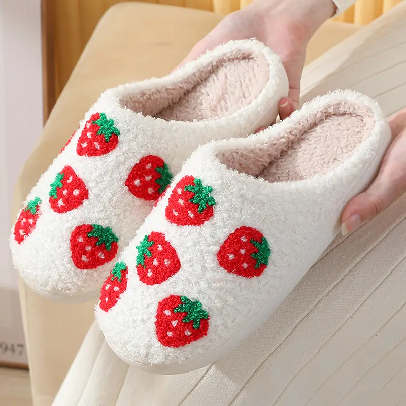 Winter cross-border home strawberry cotton slippers wholesale women's warm plush slippers home indoor non-slip home couple