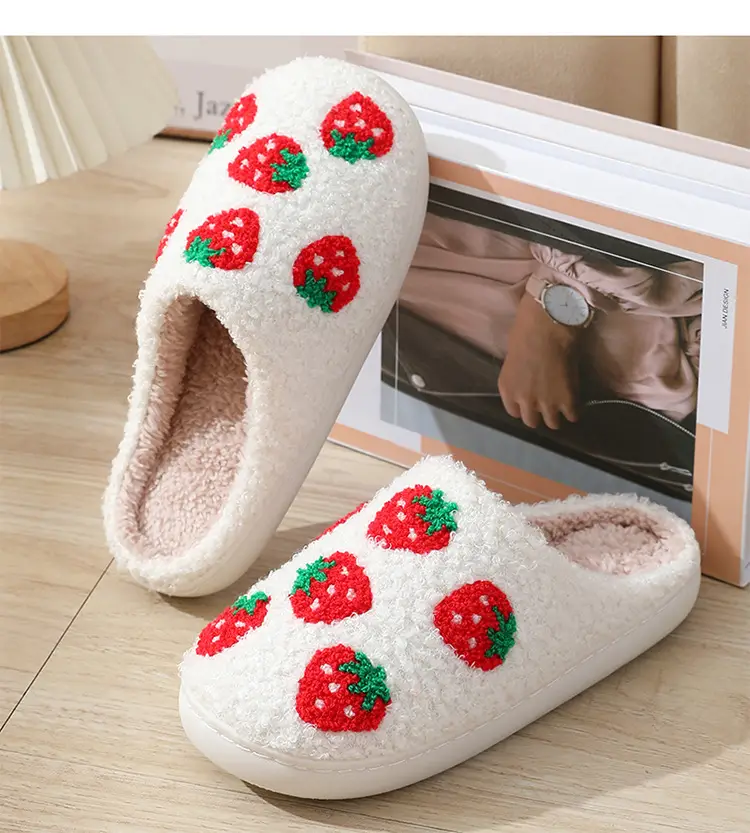 Winter cross-border home strawberry cotton slippers wholesale women's warm plush slippers home indoor non-slip home couple — feature 12