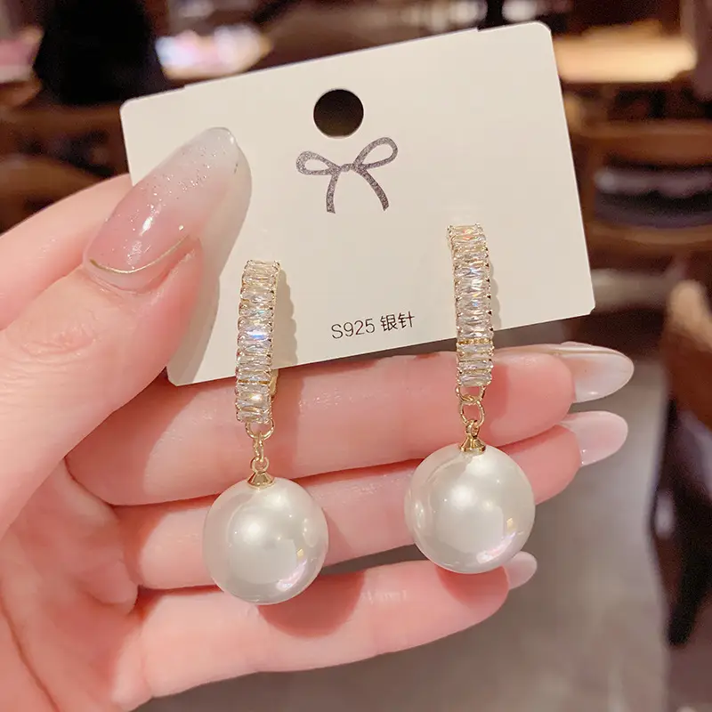 Pearl Drop Earrings with Zircon Top Band 925 Silver - Image 6