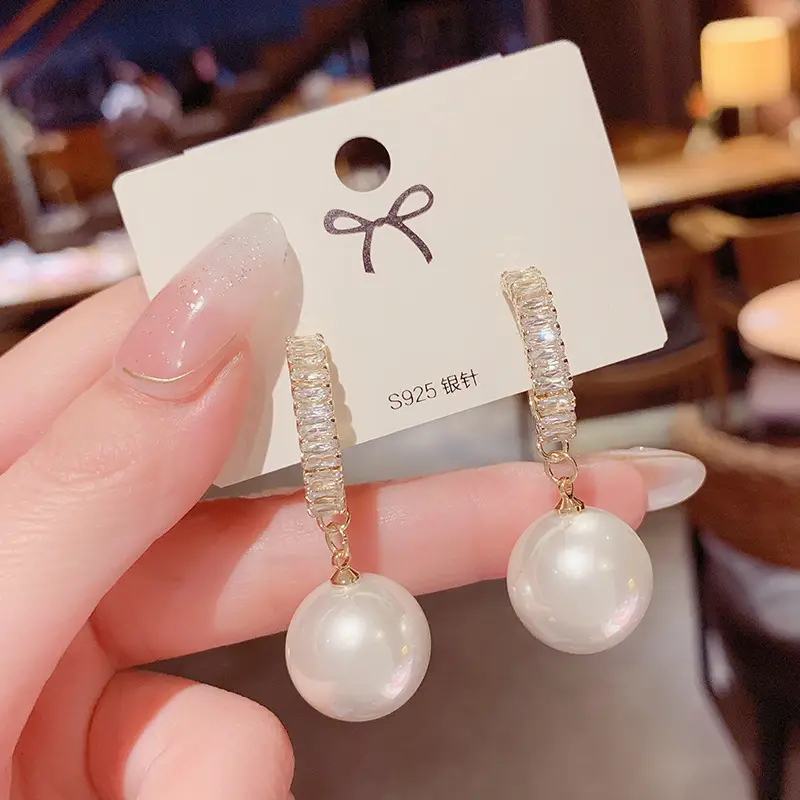 Pearl Drop Earrings with Zircon Top Band 925 Silver - Image 7