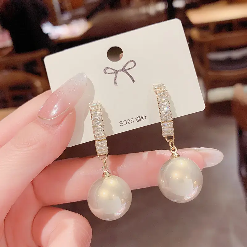 Pearl Drop Earrings with Zircon Top Band 925 Silver - Image 2