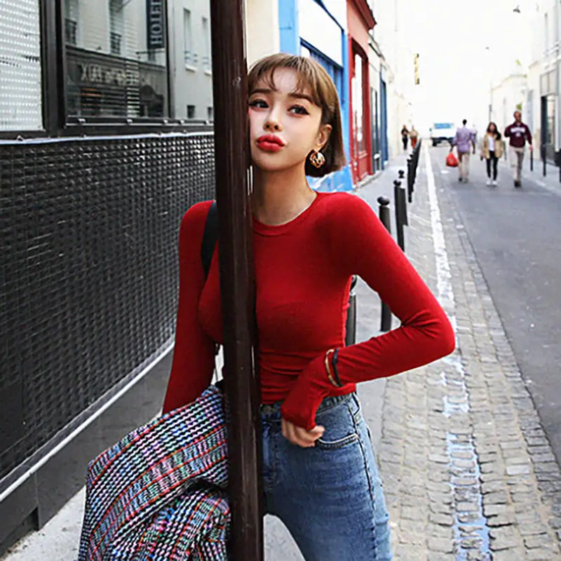 Red Long Sleeve Women's T-Shirt Slim Fit Solid Color