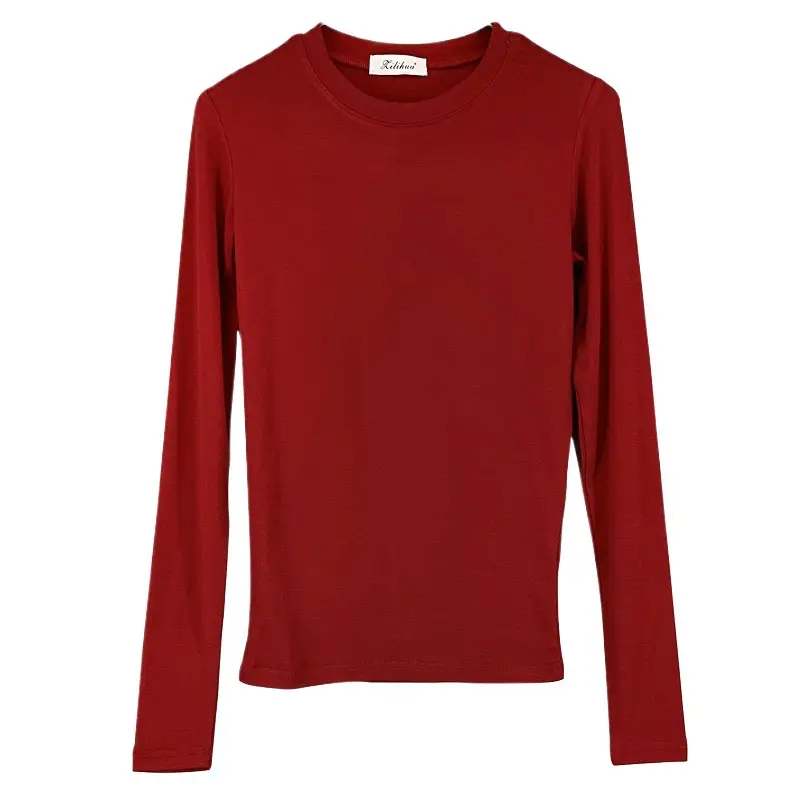 Red Long Sleeve Women's T-Shirt Slim Fit Solid Color