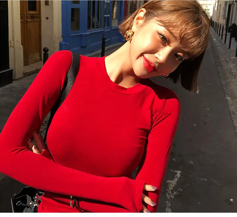 Red Long Sleeve Women's T-Shirt Slim Fit Solid Color — feature 10
