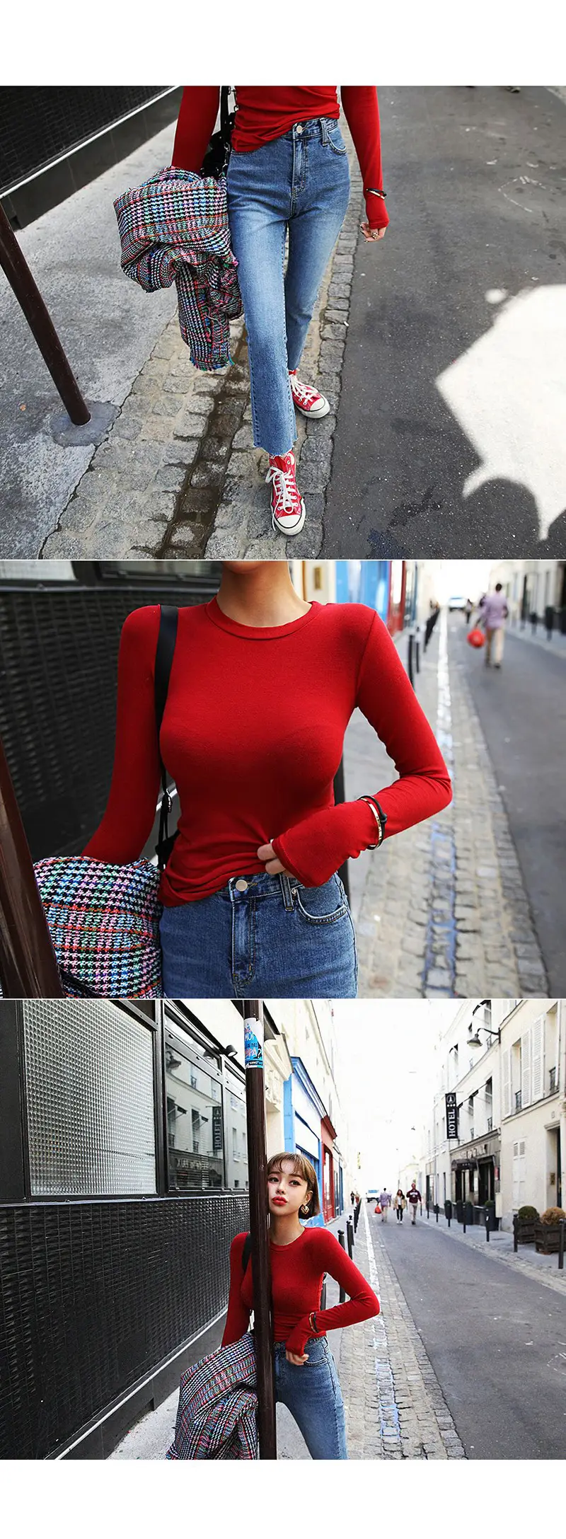 Red Long Sleeve Women's T-Shirt Slim Fit Solid Color — feature 2