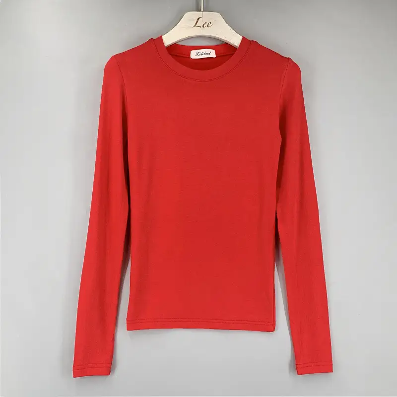 Red Long Sleeve Women's T-Shirt Slim Fit Solid Color — feature 26